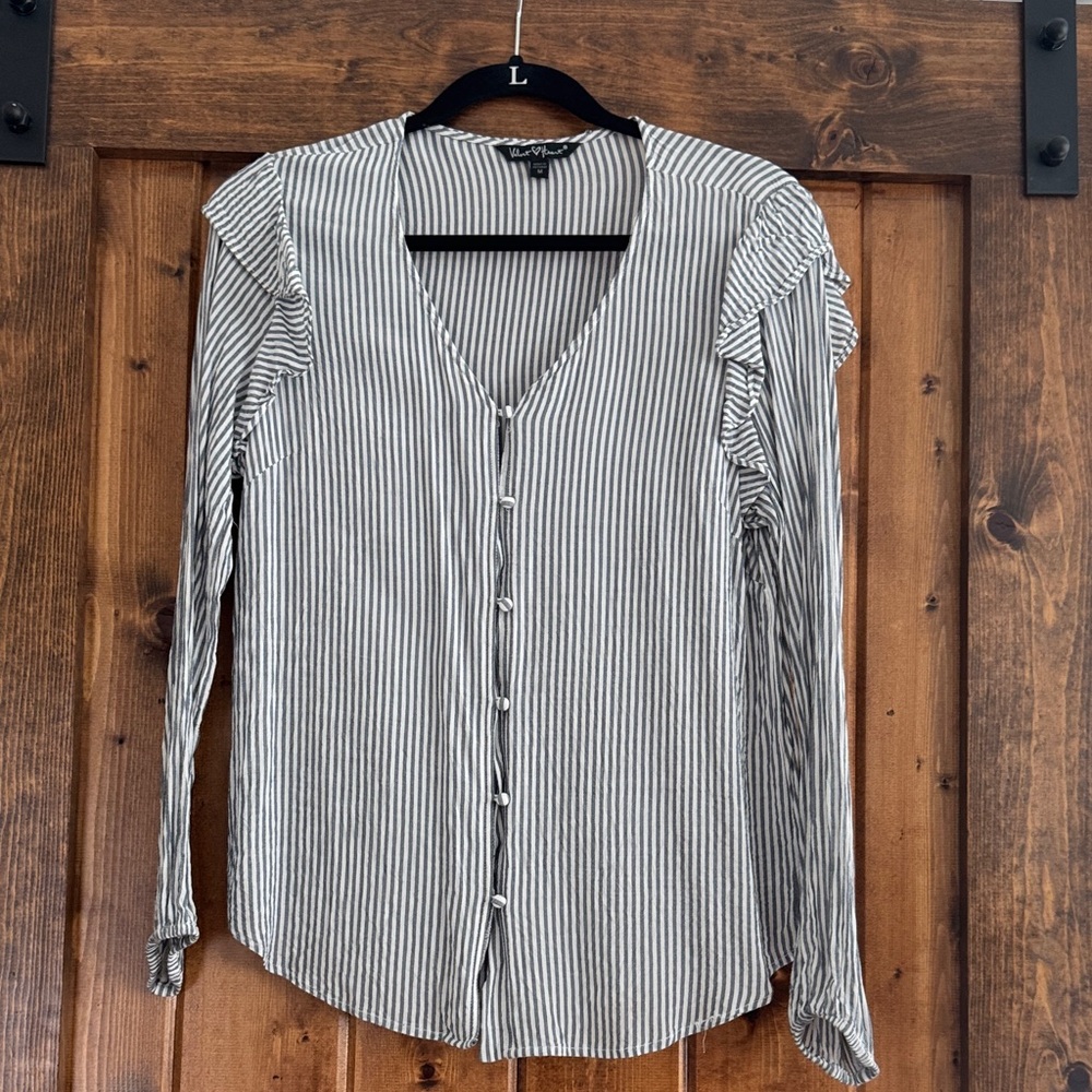 Striped Button-Front V-Neck Blouse - Grey & White